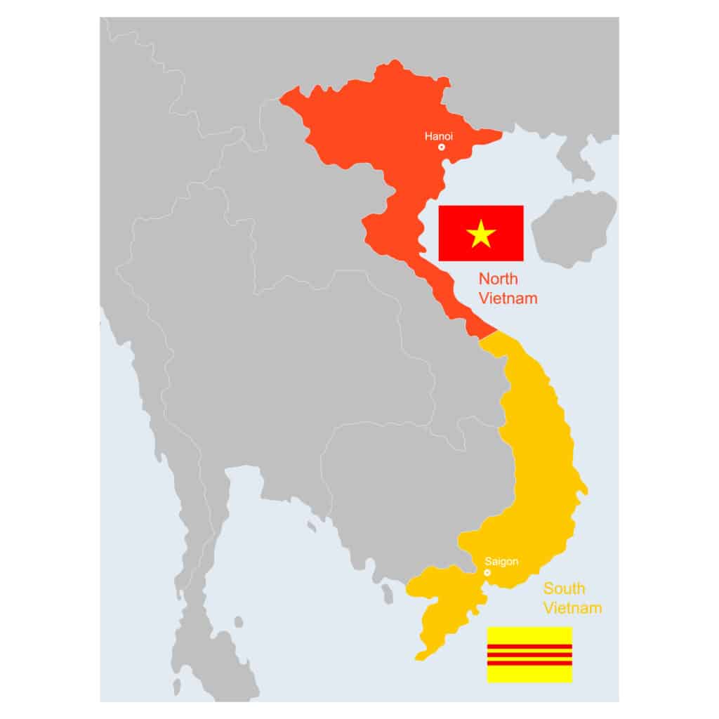 A map of Vietnam showing the North and South divided by the 17th parallel