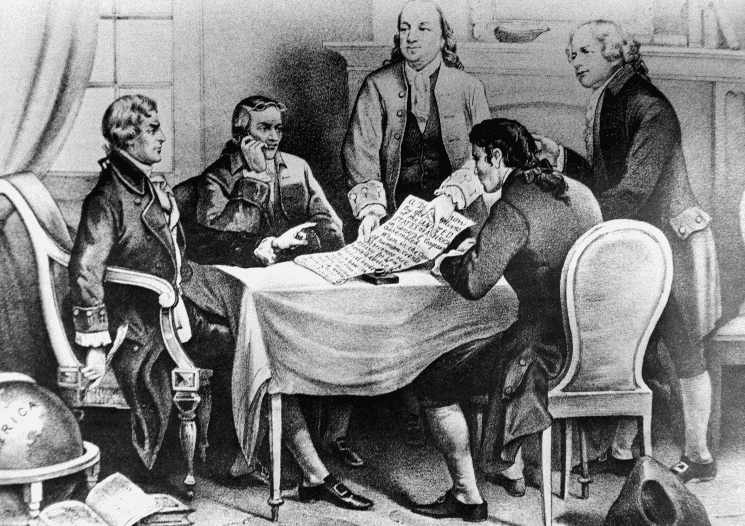 Image of Thomas Jefferson, Roger Sherman, Benjamin Franklin, Robert Livingston and John Adams, 1776