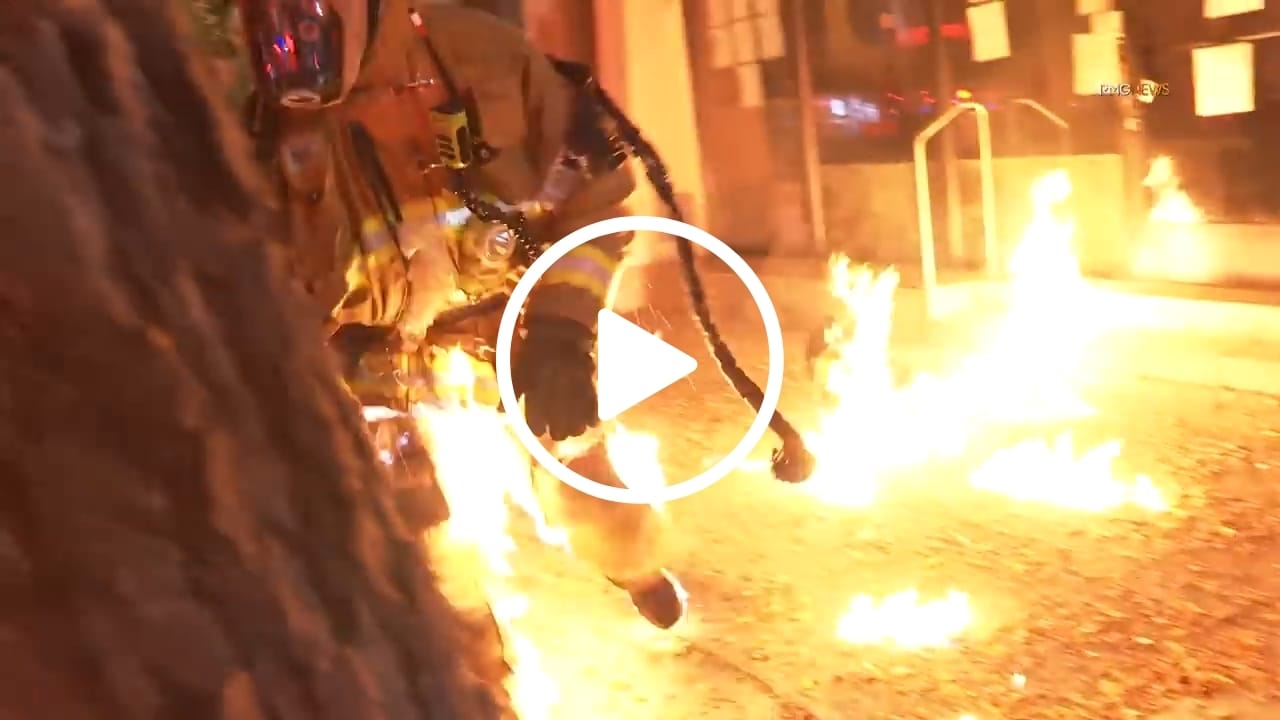 INCREDIBLE FOOTAGE LA Firefighter Catches Fire, Teammates Quickly