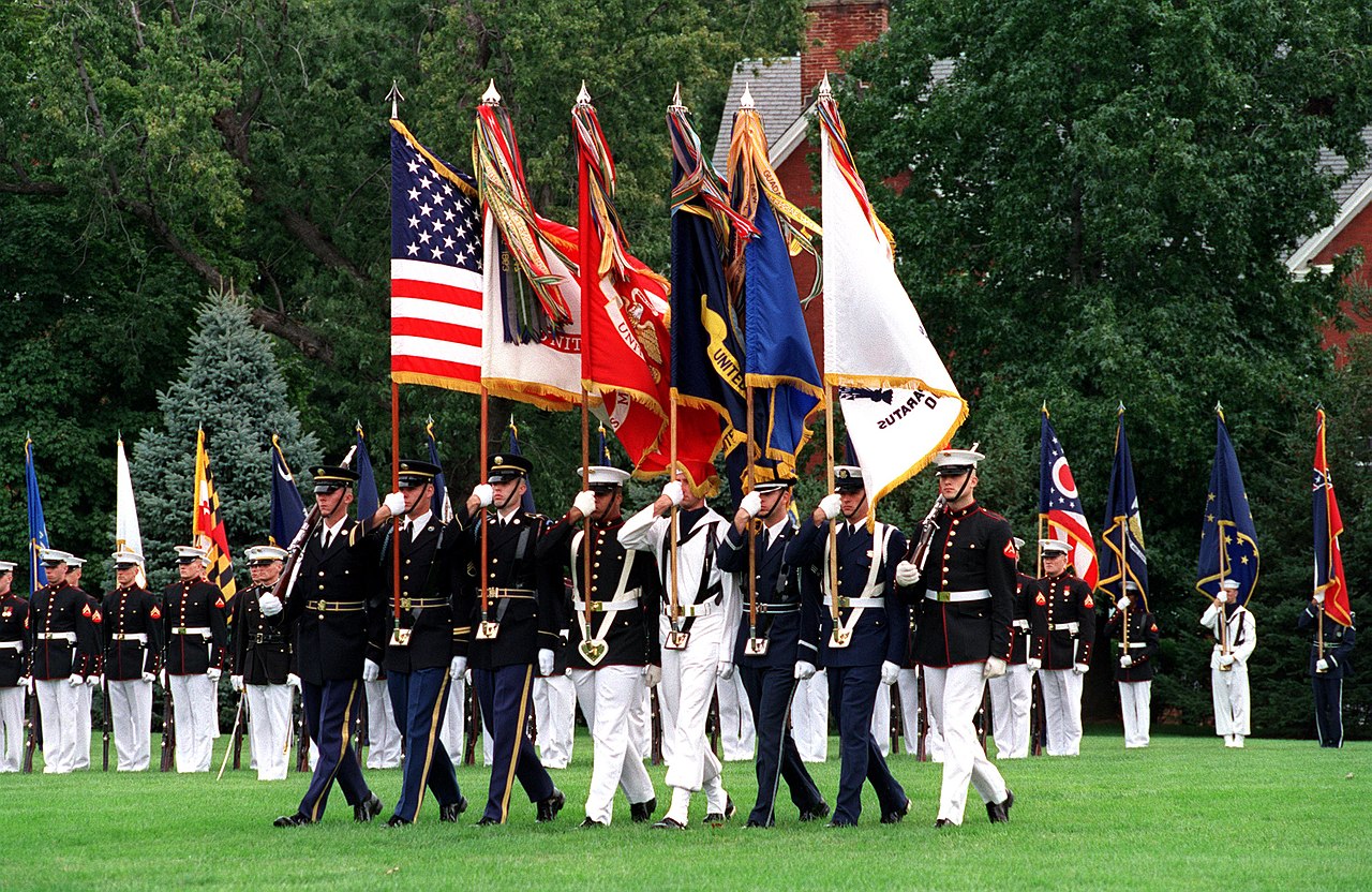 The U.S. Joint Service Color Guard on parade at Fort Myer, Virginia in October 2001. (Space Force is missing.)